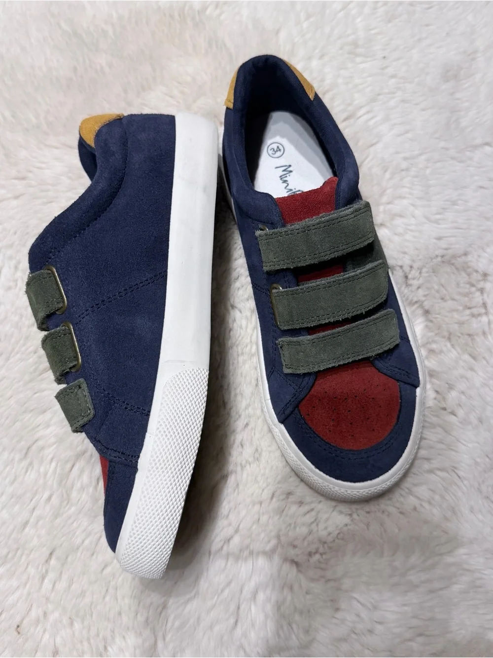 Mini Boden Suede Sneakers Kids Navy, Red & Olive Velcro Sneakers